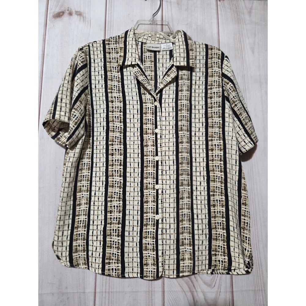Liz Baker Womens Size 6 Geometric Stripe Short Sleeve Button Up Blouse Neutral